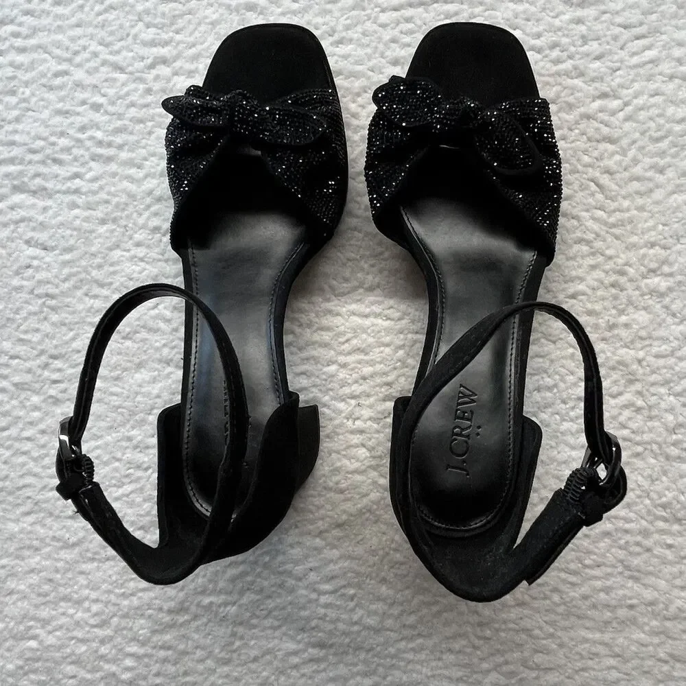 J Crew Heels Womens 8 Black Rhinestone Bow Platform Sandal Cocktail Glam Goth